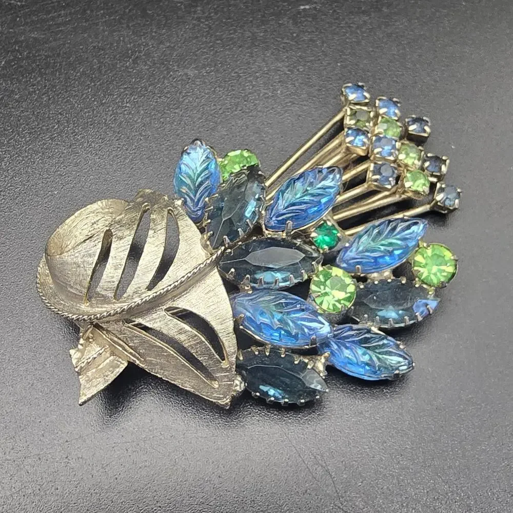 Blue Green Rhinestone Bouquet Brooch UV Glow Vintage Costume Jewelry